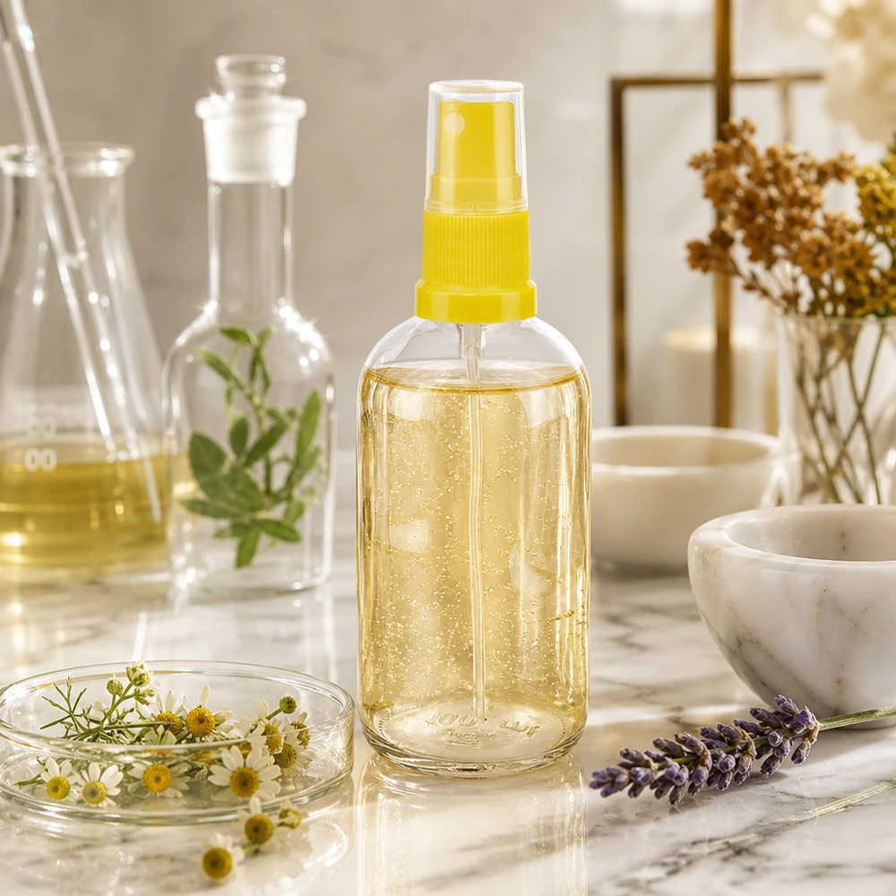 Flacone spray ClearLine UT18 da 100 ml riempito con olio dorato e fiori di camomilla su marmo