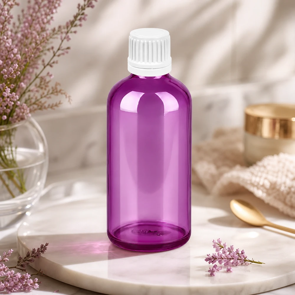 100ml Flasche 11mm Schraubverschluss weiss Originalität Schraubverschlusserschluss PurpleLine UT18/100 100ml Glasflasche lila transparent ideal für Heilpraktiker und alternative Medizin Anwendungen