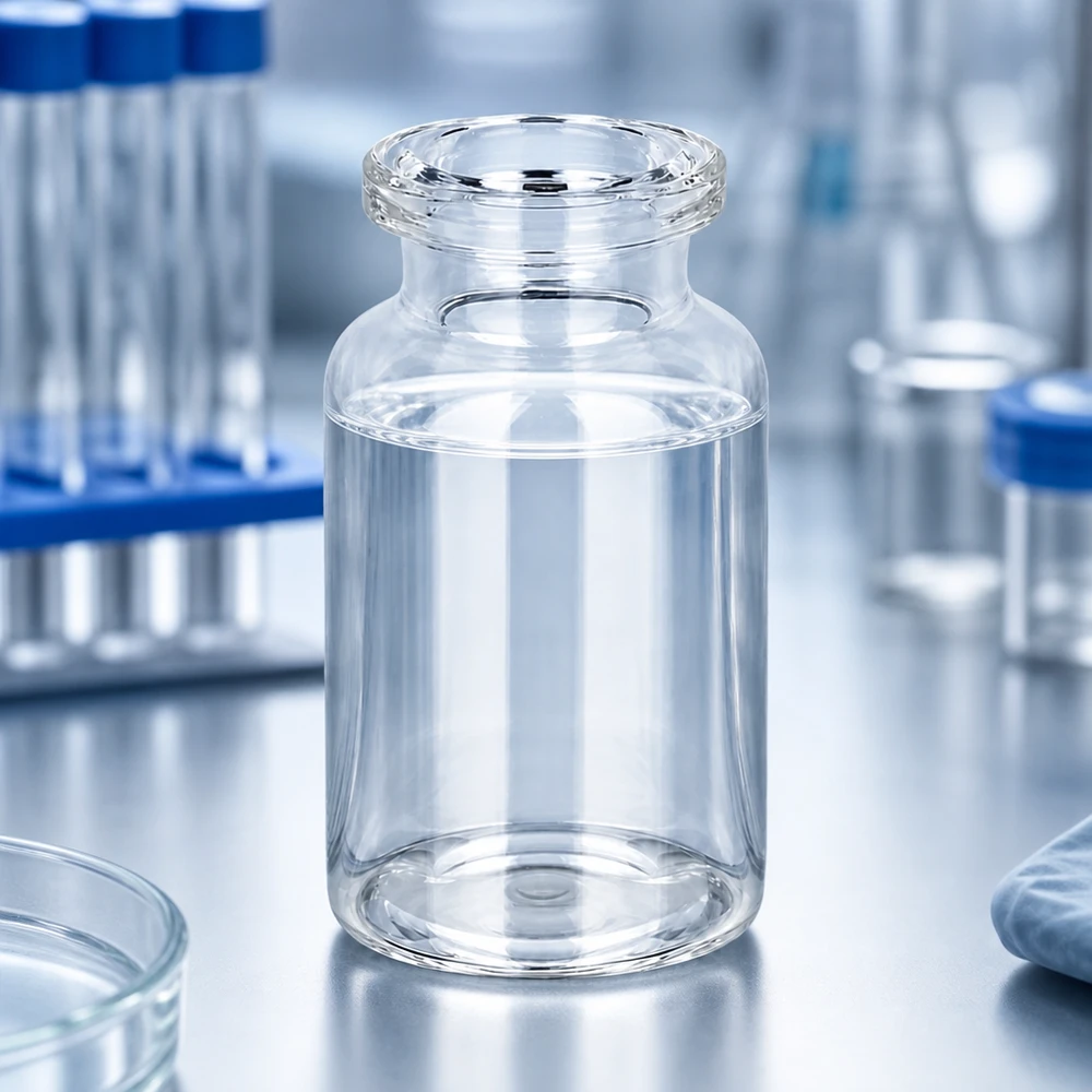 Injektionsflasche Klarglas 10ml Injektionsflasche Klarglas 10ml im GMP-Labor neben Zentrifugenröhrchen und Petrischalen