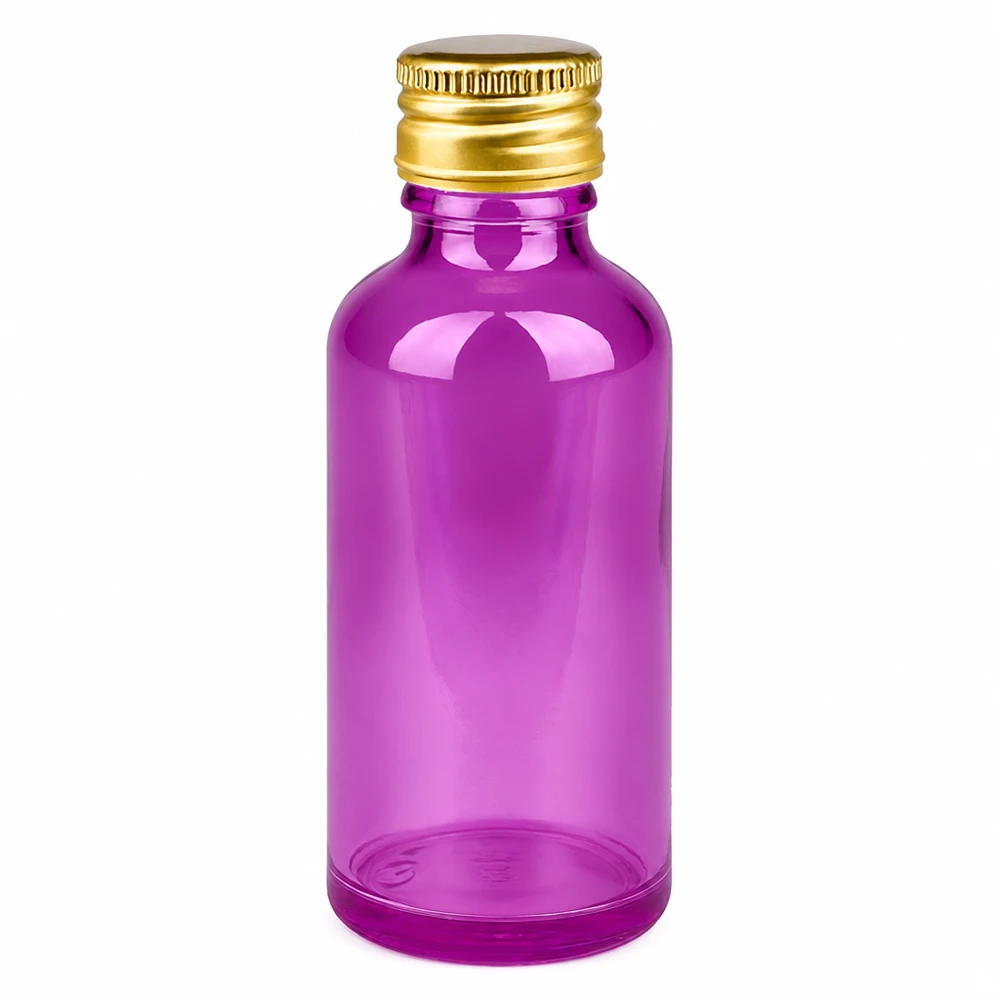 Flacon 50ml bouchon à visser 11mm alu-or standard PurpleLine. UT18/50 Bouteille en verre ronde de 50ml en violet élégant avec un filetage standard de 11mm pour le DIY cosmétique