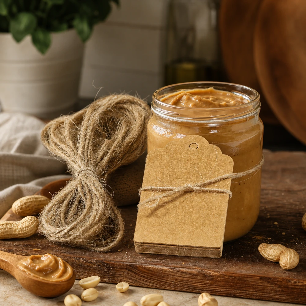 Ciondolo di carta kraft con cordino di canapa disposto in modo decorativo accanto a burro di arachidi e noci su un tavolo di legno