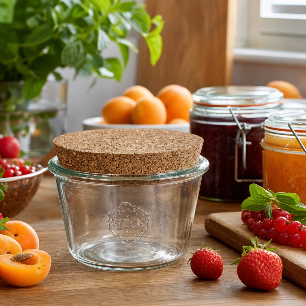 370ml Sturzglas WECK RR100 mit Korken natur WECK RR100 Sturzglas 370ml Korkdeckel in Küchenszene mit frischen Früchten und Marmeladengläsern auf Holztisch