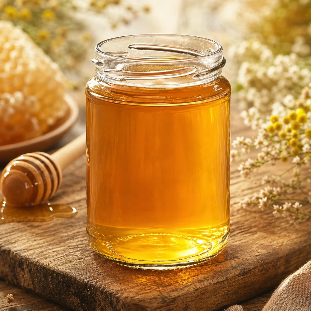 UNiTWIST Runda390 Rundglas 390ml TO70 mit goldgelbem Honig gefüllt auf Holzbrett neben Bienenwaben und Honiglöffel