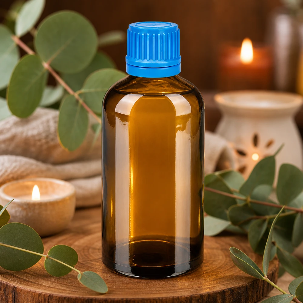 Robusto flacone in vetro da 100 ml con tappo SV blu per la conservazione sicura di preparati liquidi