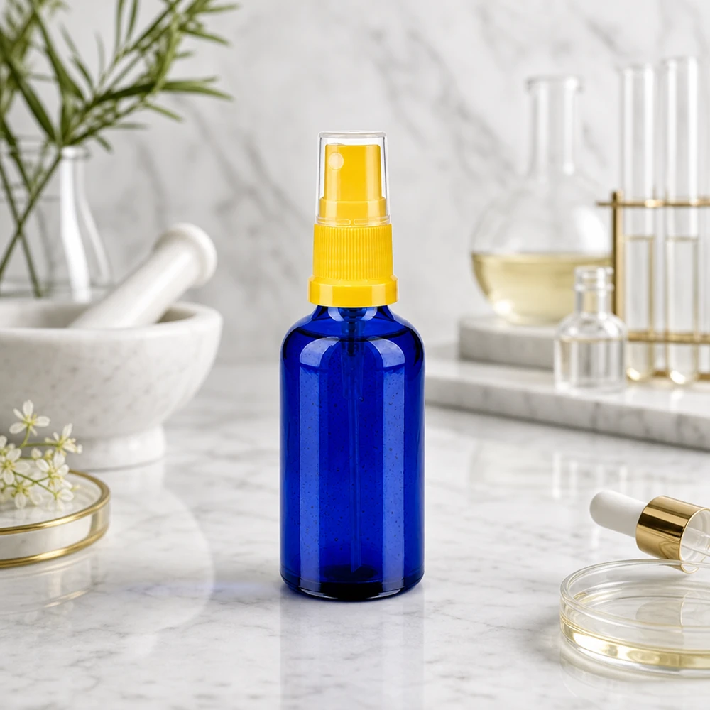 50ml Sprayflasche gelb/transparent Standardverschluss BlueLine UT18/50 Elegante 50ml Cobalt-Glasflasche mit goldgelbem Akzent perfekt für hochwertige Beauty-Produkte
