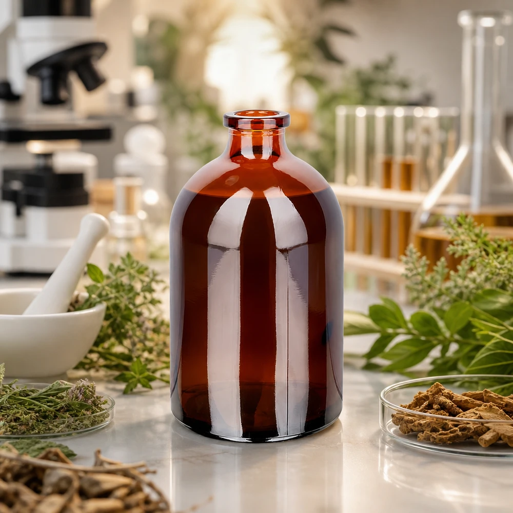 Injektionsflasche Braunglas 100ml Injektionsflasche Braunglas 100ml mit schmalem Rollrandhals umgeben von botanischen Laborproben
