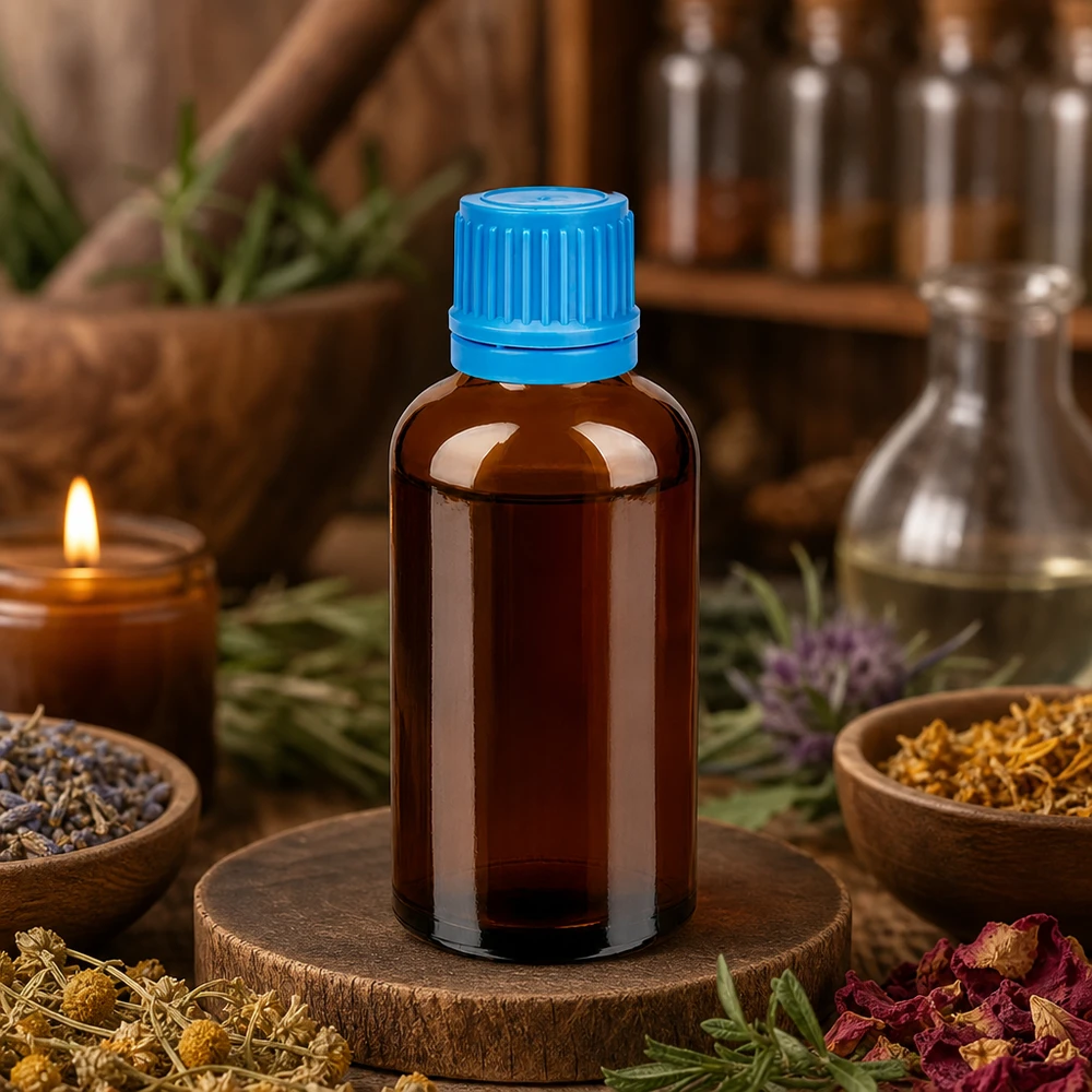 Bottiglia marrone da 50 ml con filo robusto, perfetta per essenze e prodotti naturali