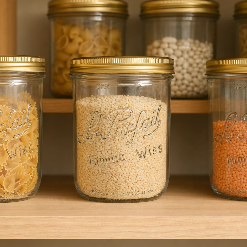 Le Parfait® Familia Wiss 1 kg Ø100 mm vaso Barattolo da 1020 ml Familia Wiss con coperchio a vite, pieno di cereali, con portaoggetti e barattolo di conservazione.