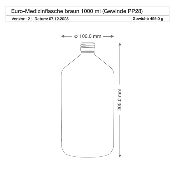 Flacone per medicinali da 1000ml marrone, senza tappo PP28 ApoGlas Flacone per medicinali da 1000ml marrone, senza tappo PP28 ApoGlas