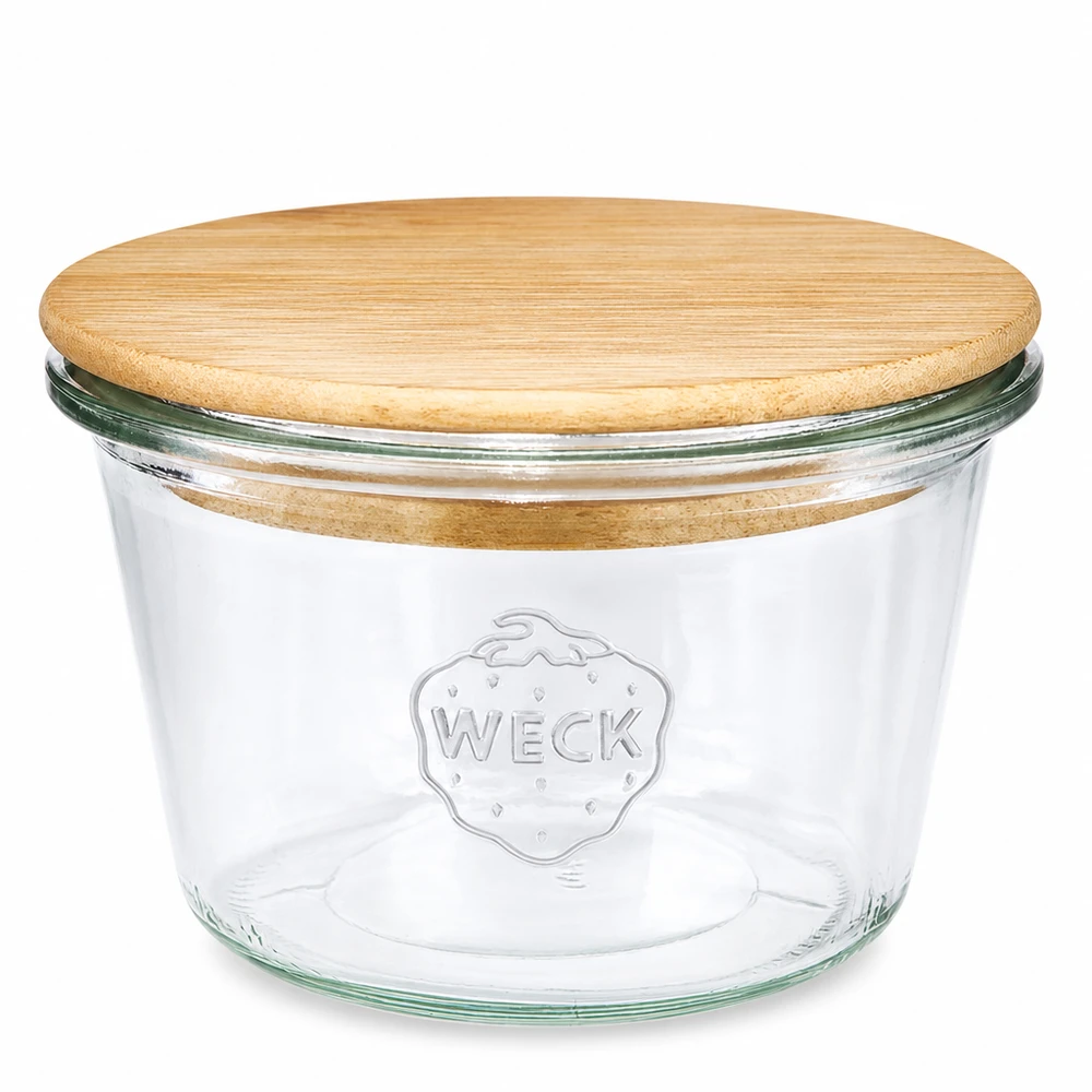 Vaso in muratura WECK RR100 da 370 ml con coperchio in legno - vaso da conserva in vetro rotondo con coperchio in bambù per la cucina