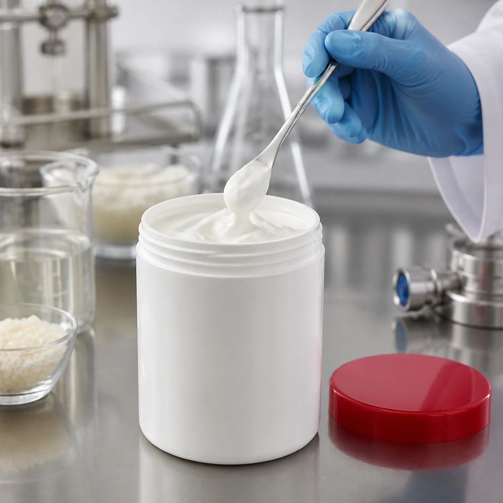 Pot à onguent blanc 150 g avec couvercle rouge (PP) Pot à pommade de 150 g en PP blanc avec couvercle rouge, posé à côté d'un flacon Erlenmeyer sur une table en acier inoxydable