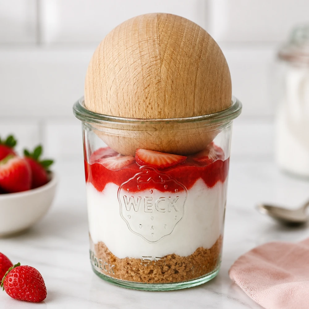 140ml Sturzglas WECK RR60 mit Holzkugel Buche WECK Sturzglas 140ml RR60 als Dessertglas mit Erdbeeren und Sahne, Holzkugel aus Buche als stilvoller Deckel