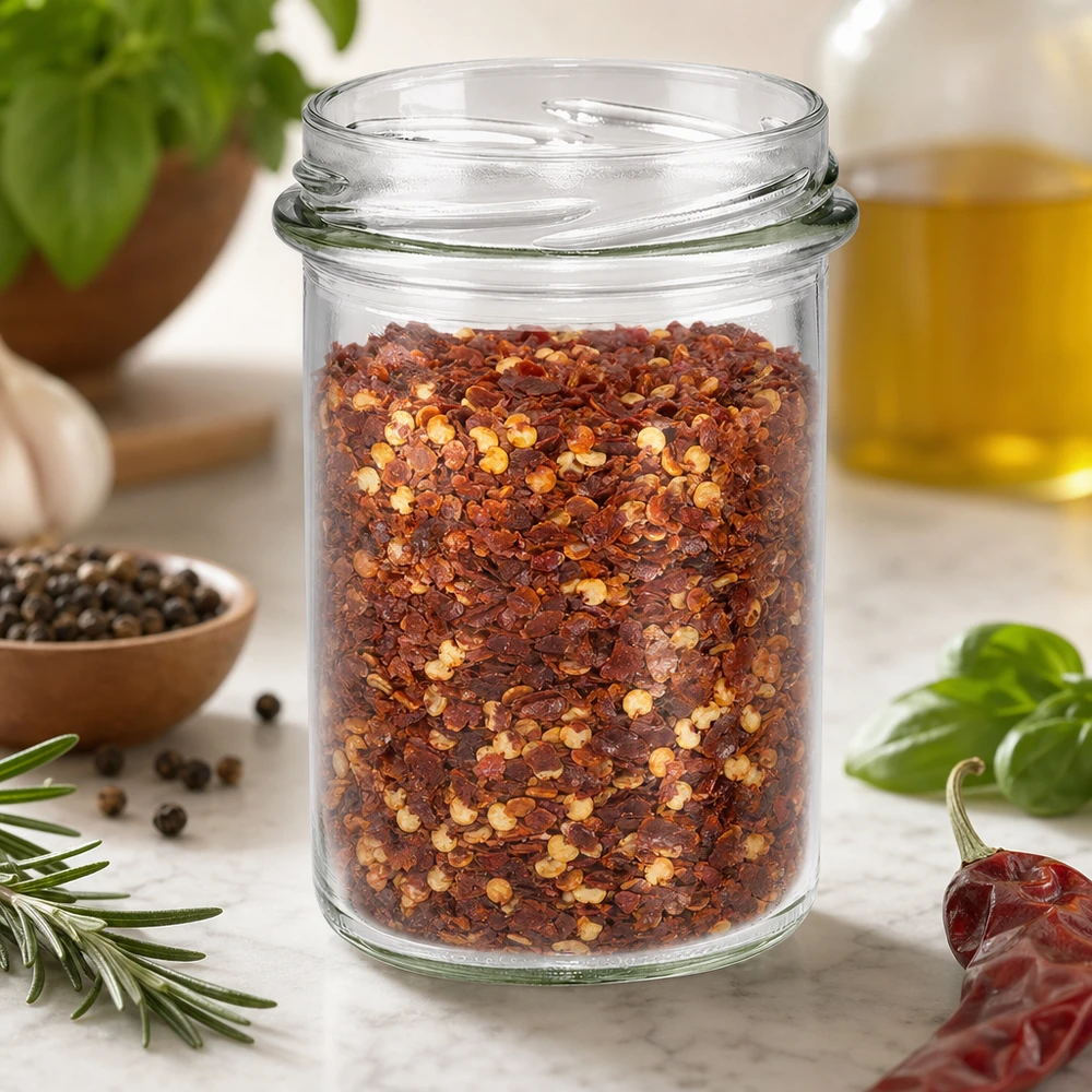 UNiTWIST Sturz230 Sturzglas 230ml TO66 mit Chili-Gewürzmischung gefüllt auf Küchentisch mit Kräutern