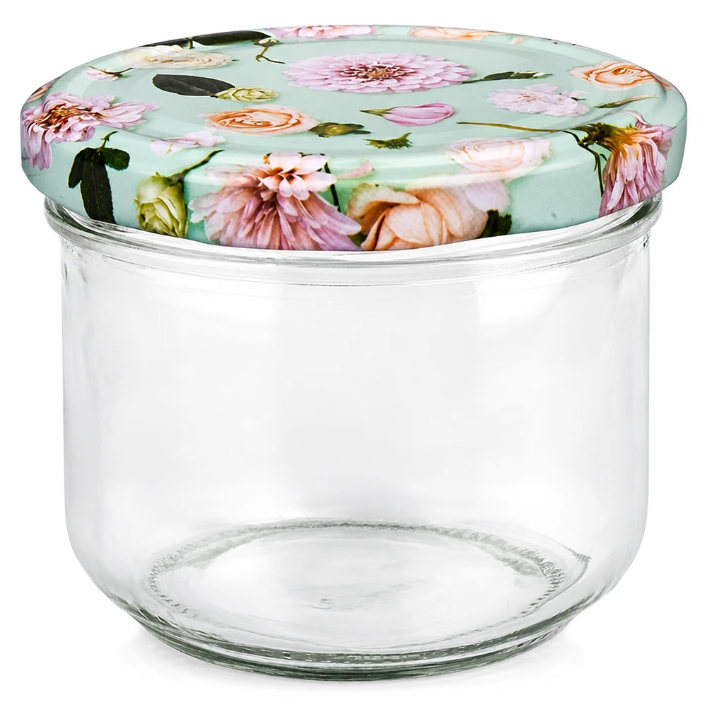 260ml Sturzglas + BasicSeal Deckel Blume mint UNiTWIST 260ml Sturzglas mit BasicSeal Deckel in mint mit Blumenmuster, leeres Einmachglas für Marmelade und Konserven