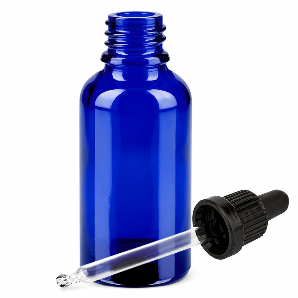 Bottiglia compatta in vetro blu da 30 ml con pipetta precisa per applicazioni di laboratorio