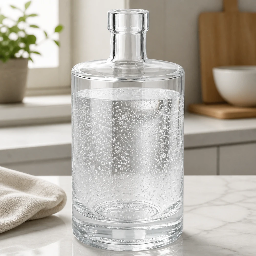 Bottiglia di vetro da 500 ml di Marie riempita di acqua minerale frizzante su un piano di lavoro in marmo in una cucina moderna