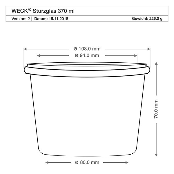 Set di 6 vasi Weck da 370 ml con 6 coperchi in vetro, 6 E WECK tumbler 370ml RR100 disegno tecnico dimensioni dimensioni 108mm diametro 70mm altezza specifiche prodotto