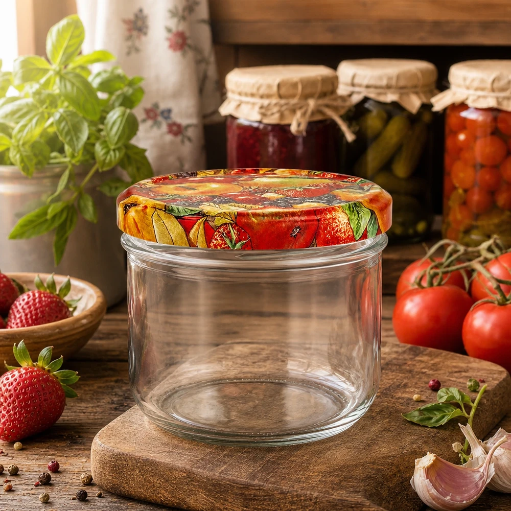 260ml Sturzglas + BasicSeal Deckel Obst-Dekor UNiTWIST Leeres 260ml Sturzglas mit dekorativem Obst-Deckel umgeben von frischen Tomaten und Erdbeeren in Küche