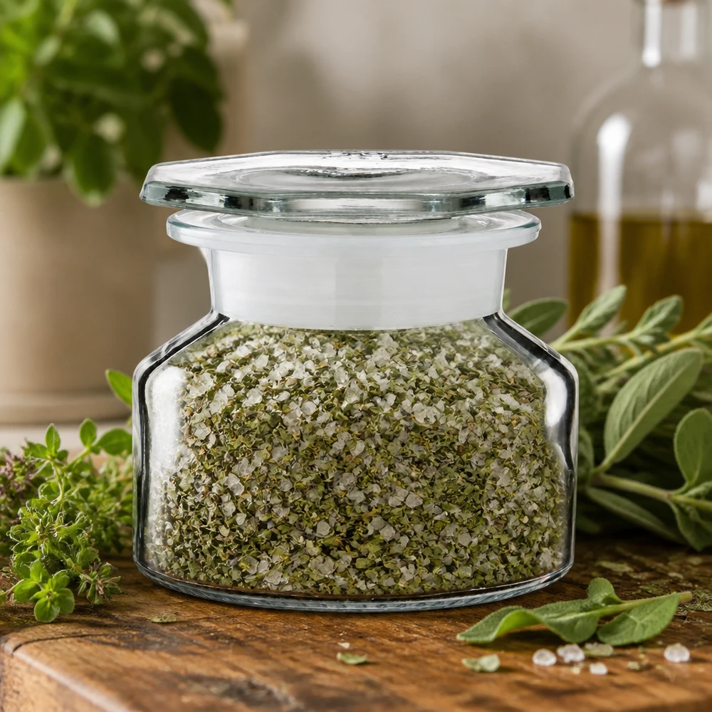 Idea barattolo per spezie: bottiglia a collo alto da 50 ml in vetro trasparente a bocca larga Idea per un barattolo per spezie da 50 ml: flacone a collo corto con polvere di erbe aromatiche verde e flacone di olio d'oliva
