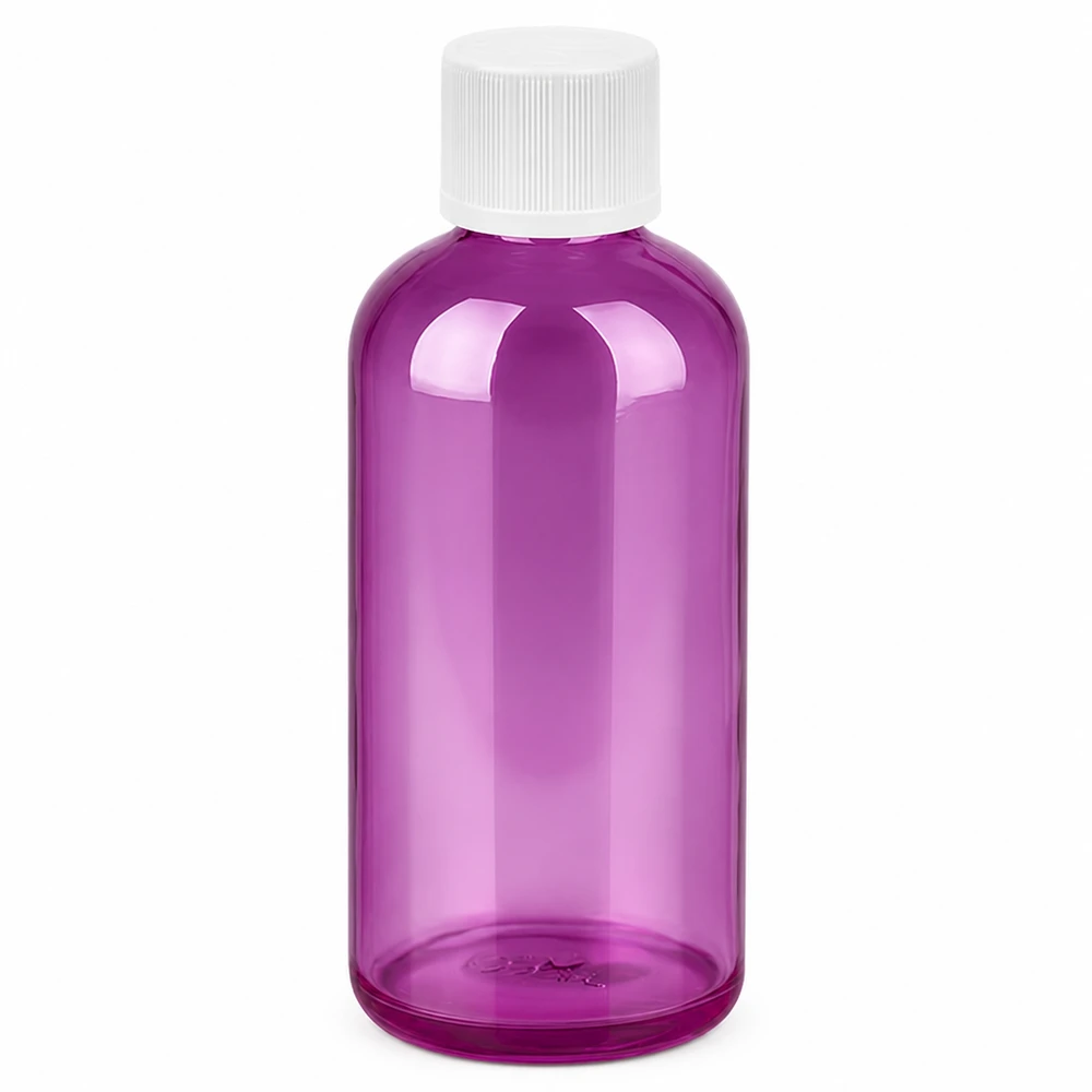 Bottiglia in PET viola da 100 ml con filettatura da 11 mm in materiale plastico trasparente di alta qualità