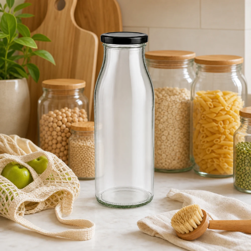 500ml Glasflasche + BasicSeal Deckel schwarz UNiTWIST 500ml Glasflasche mit schwarzem Deckel in Zero-Waste Küche mit Vorratsgläsern und nachhaltigen Materialien