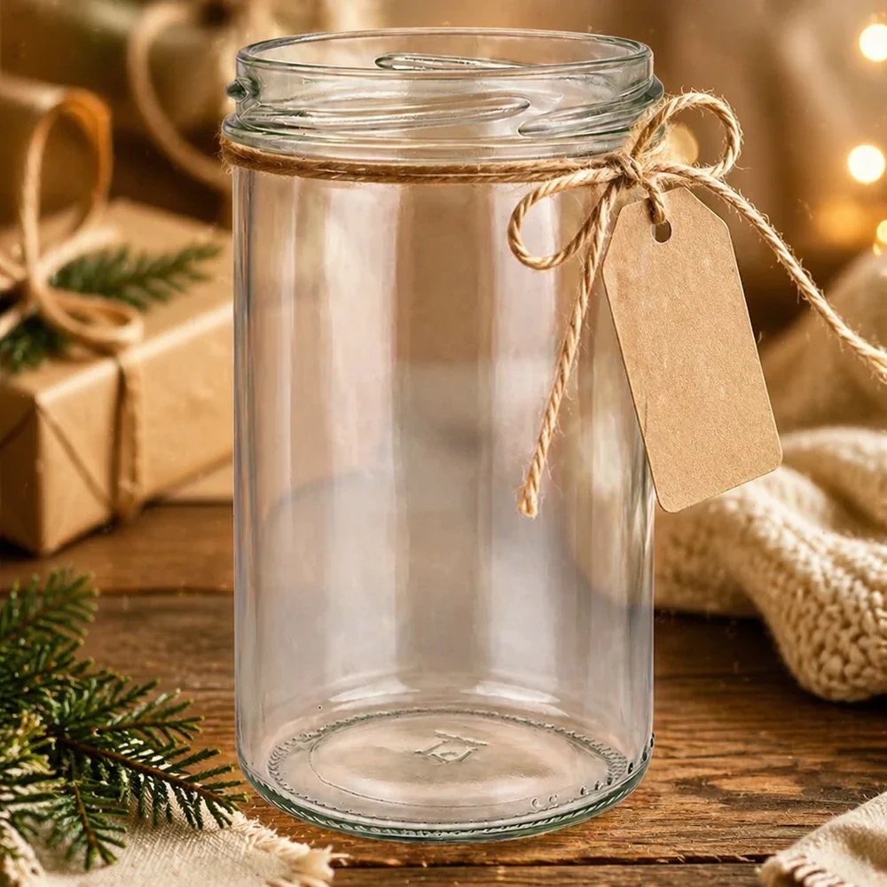 277ml Sturzglas ohne Deckel (TO66) UNiTWIST Leeres Sturzglas 277ml mit TO66 Deckel und braunem Geschenkanhänger auf rustikalem Holztisch in gemütlicher Atmosphäre