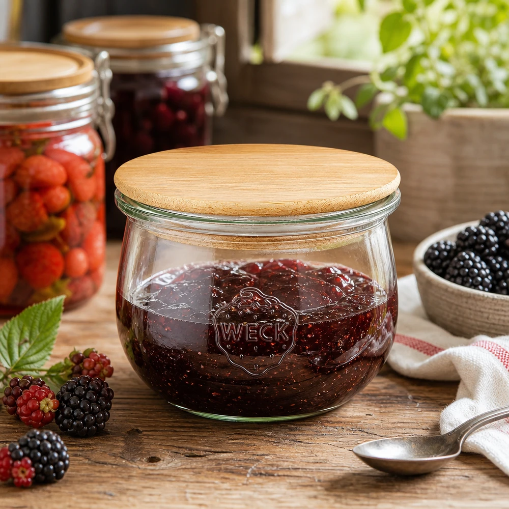 580ml Tulpenglas WECK RR100 mit Holzdeckel WECK Tulpenglas RR100 580ml gefüllt mit Beerenkonfitüre in rustikaler Küche mit frischen Beeren und Kochlöffel