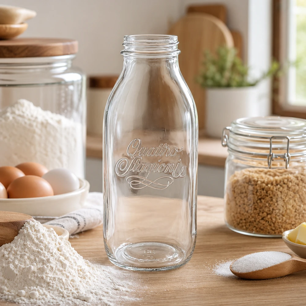 Bottiglia a collo largo "Quattro Stagioni" da 1000 ml Bottiglia in vetro Quattro Stagioni da 1000 ml a bocca larga in una cucina rustica con ingredienti da cucina e barattoli di stoccaggio