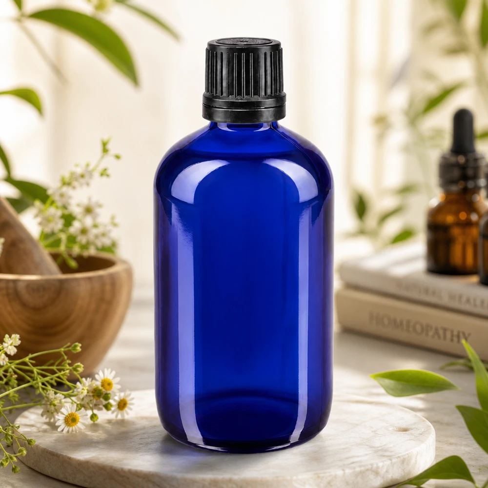 Apothekenflasche blau 100ml Schraubverschluss schwarz Giessring Originalitätsverschluss UV-schützende kobaltblaue 100ml Flasche aus Apothekenglas mit 8mm Enghalsverschluss