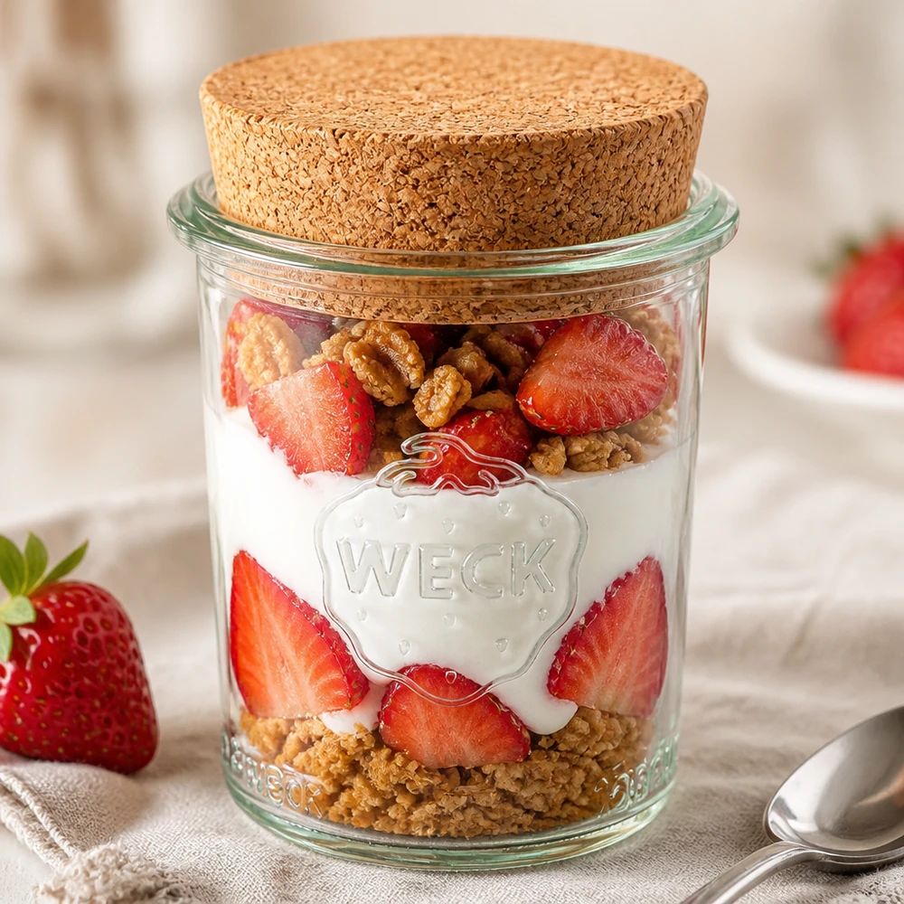 Vasetto WECK 160ml RR60 riempito con yogurt fragole e noci come dessert in vasetto con coperchio in sughero