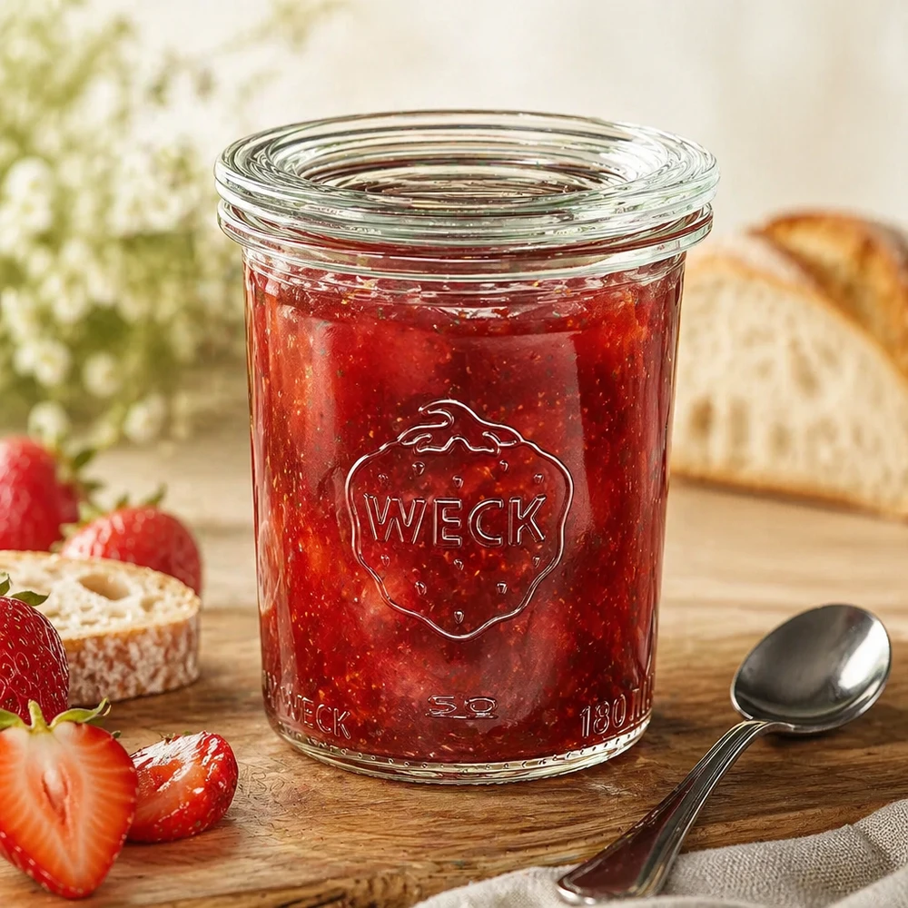 Bocal en verre de 160 ml avec couvercle en verre WECK RR60 WECK Sturzglas RR60 160ml mit roter Erdbeermarmelade und Löffel, dekorativ arrangiert mit Brot und Erdbeeren