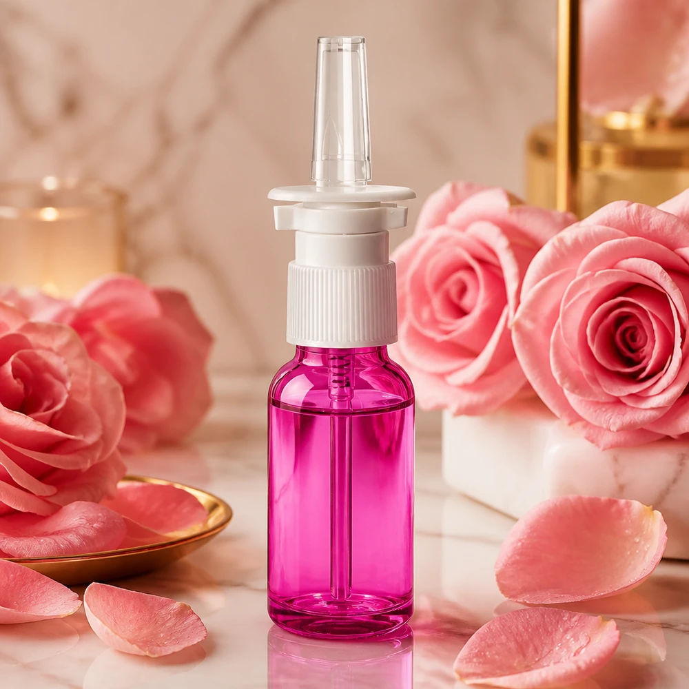 20ml Nasensprayflasche weiß/transparent Standard PurpleLine. UT18/20 20ml Nasenspray-Behälter mit standardisiertem UT18/20 Gewinde in ansprechender lila Optik