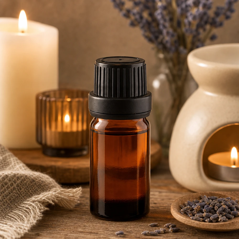 Flacon de pharmacie brun 5ml bouchon vissable noir étanche bouchon d'inviolabilité Flacon en verre ambré de 5 ml muni d'un bouchon de sécurité noir de 11 mm, entouré de lavande et de bougies