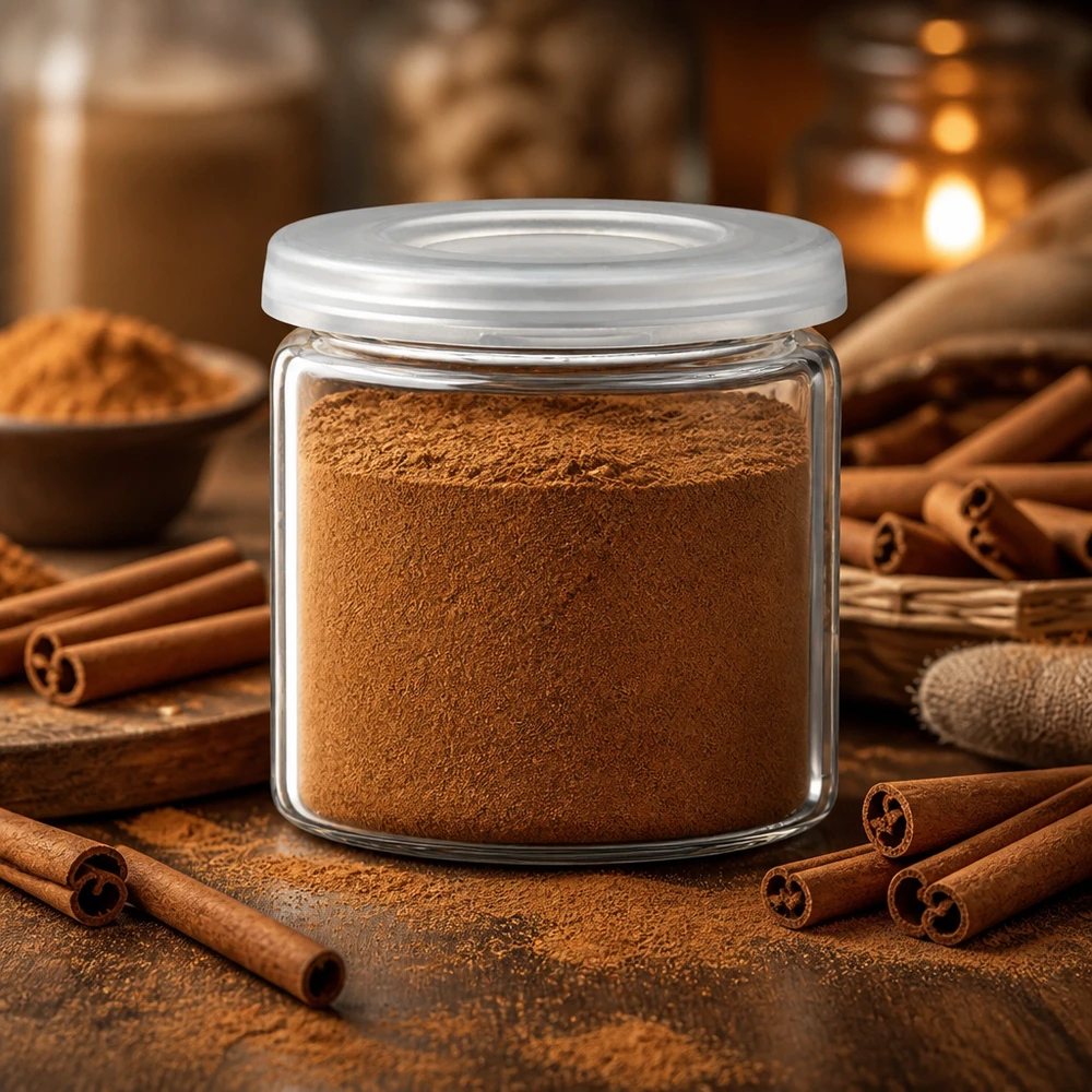 Vaso in vetro trasparente con chiusura ermetica, contenente cannella in polvere aromatica, ideale per conservare le spezie