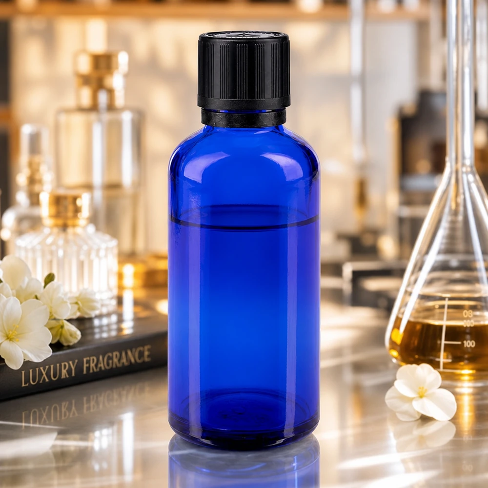 Flacon de laboratoire bleu de 50 ml avec bouchon OV noir, destiné aux fioles Erlenmeyer et aux flacons de parfum