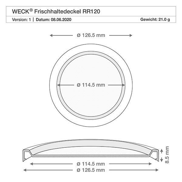 Barattolo gourmet da 300ml con friscia. WECK RR120 Disegno tecnico del coperchio di conservazione WECK RR120 con dimensioni di diametro 126,5 mm e sezione trasversale 114,5 mm