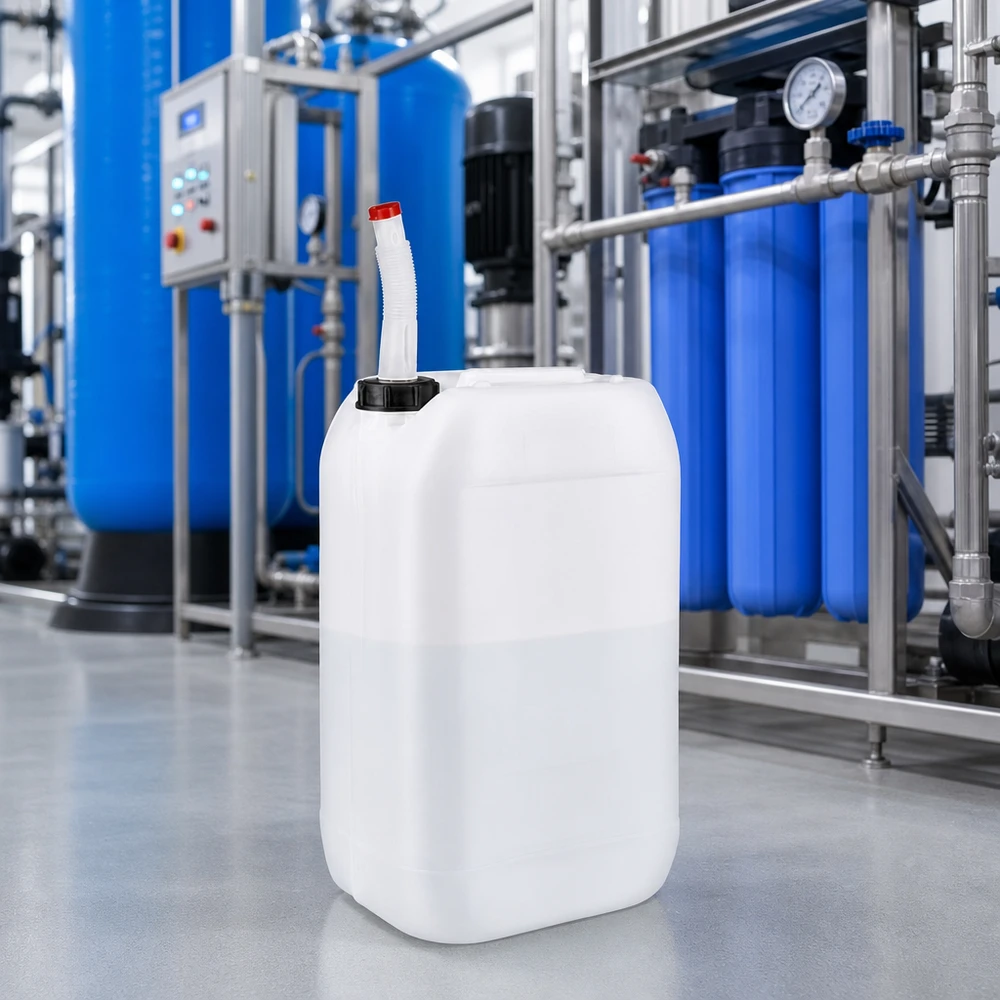 Bidon 15 litres avec tuyau d'écoulement Flex Bidon de 15 litres adapté au contact alimentaire, muni d'un bec verseur flexible, installé en amont d'une station de traitement de l'eau