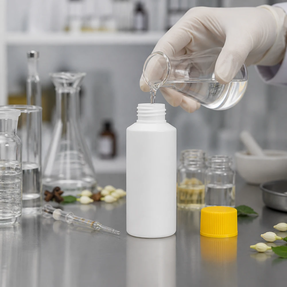 Petit récipient blanc en PEHD de 30 ml avec un bouchon jaune à sécurité enfants, utilisé dans un environnement de laboratoire professionnel