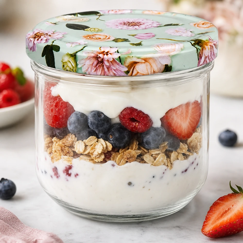 260ml Sturzglas + BasicSeal Deckel Blume mint UNiTWIST Sturzglas 260ml mit Blumendeckel gefüllt mit Joghurt-Parfait und Beeren als Anwendungsbeispiel für Desserts
