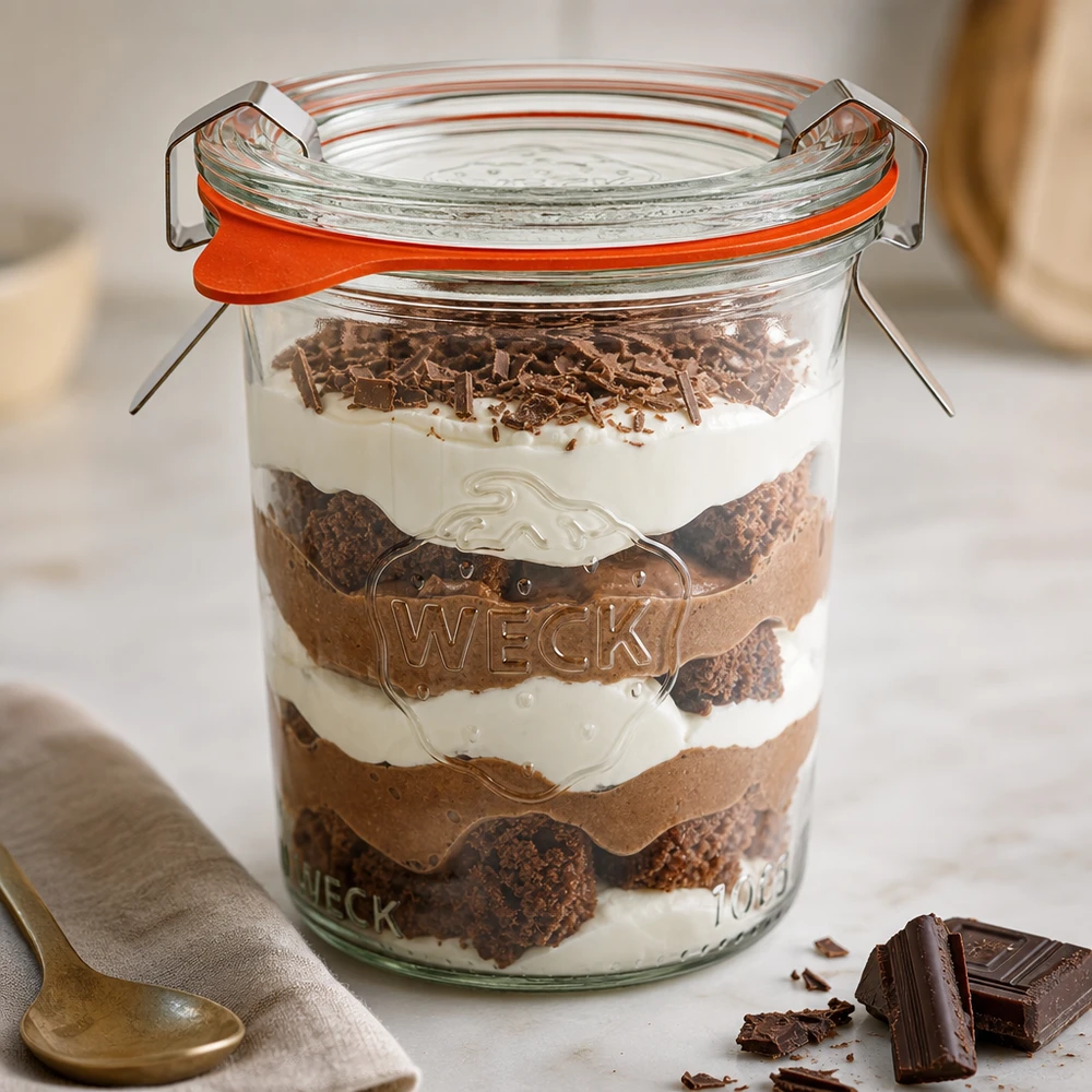 Barattolo da 160ml completo WECK RR60 I tumbler RR60 da 160 ml di WECK, riempiti di dessert Tiramisù a strati, mostrano la versatilità dell'uso come vaso da dessert