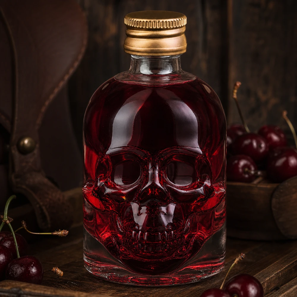 Flacone da 50 ml in vetro con disegno di teschio Hector e contenuto rosso ciliegia circondato da ciliegie fresche su legno rustico