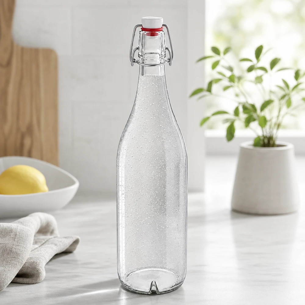 Bottiglia in vetro da 1000 ml con tappo a battente in PVC UNiTWIST riempita di acqua frizzante nella cucina moderna Lifestyle