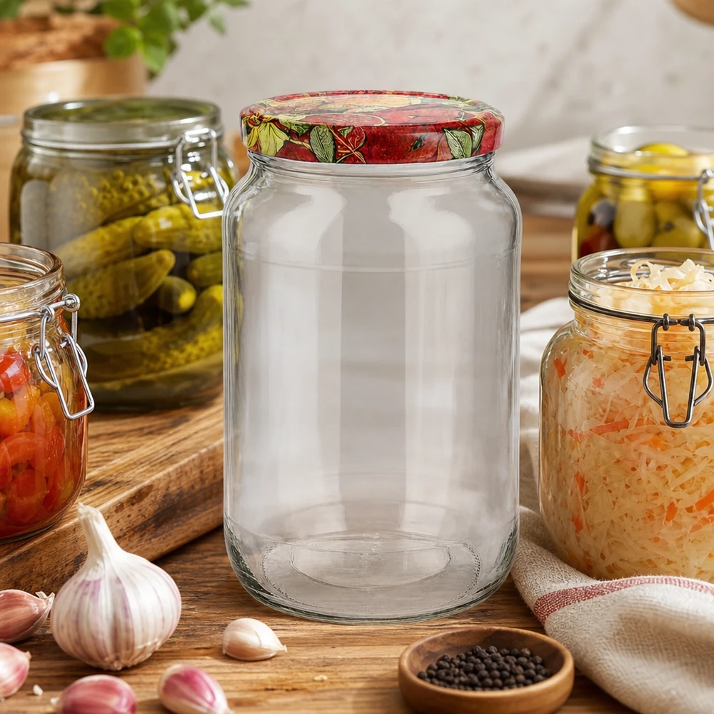 1062ml barattolo rotondo vuoto scenario cucina BasicSeal coperchio frutta decorazione circondato da barattoli di conservazione aglio pepe tavola di legno