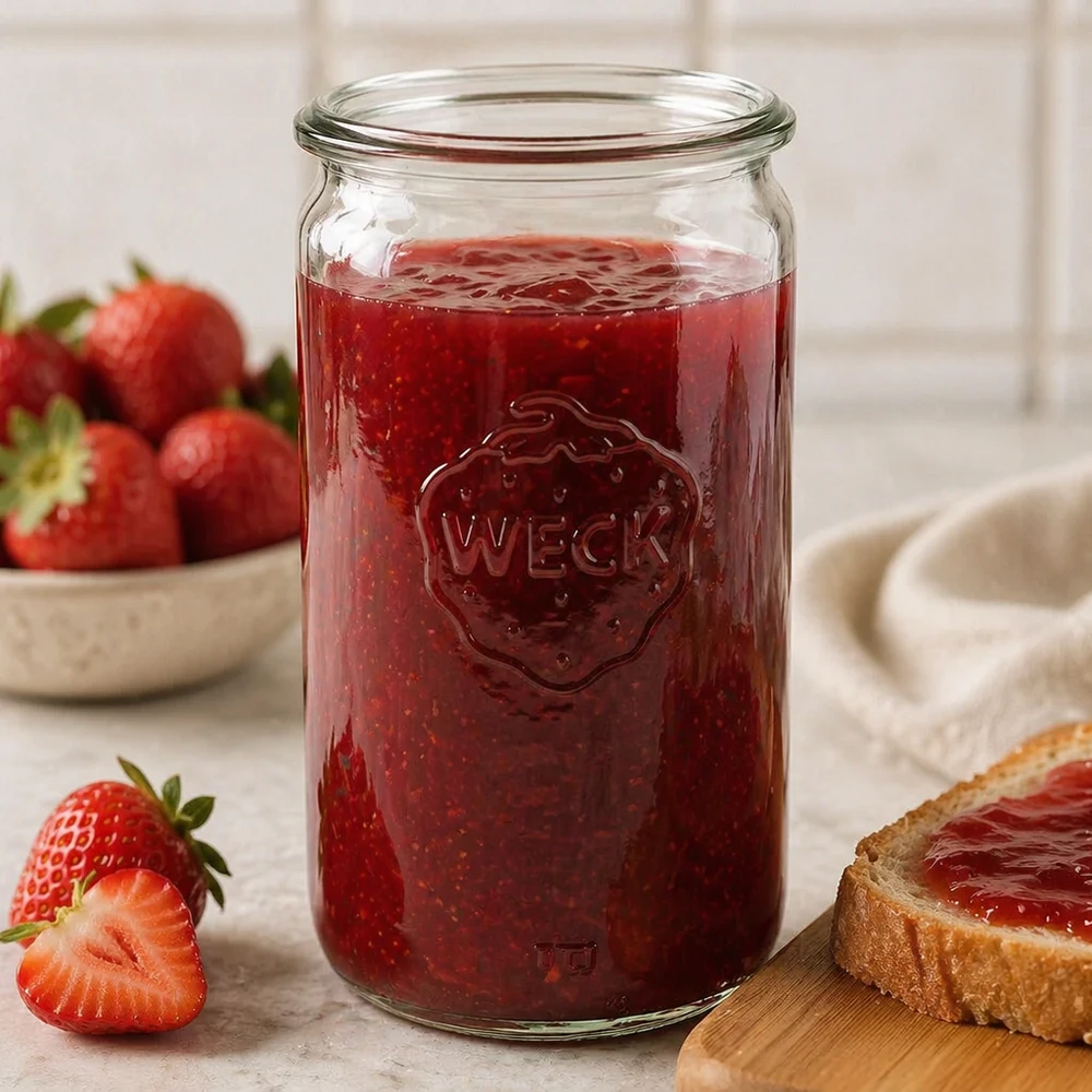 Barattolo di vetro cilindrico WECK RR60 da 340 ml Il barattolo cilindrico RR60 da 340 ml di WECK riempito di marmellata di fragole mostra il suo pratico utilizzo come barattolo da conserva in cucina