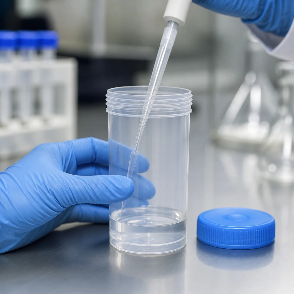 Pot en plastique multiusage de 100 ml Récipient transparent à col large de 100 ml lors du remplissage à l'aide d'une pipette de transfert en laboratoire