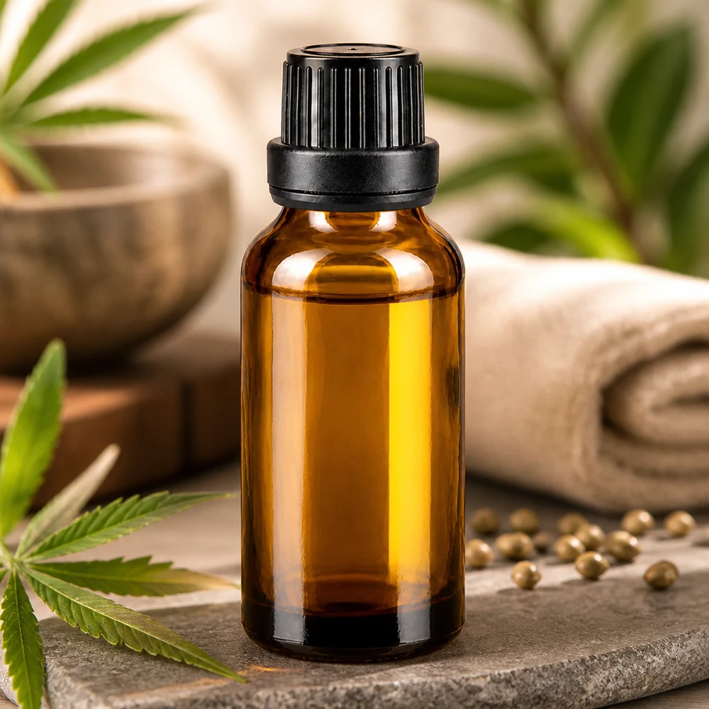 Flacon à pharmacie bleu 20ml bouchon goutte à goutte noir 1mm bouchon d'inviolabilité Flacon en verre de 20 ml de couleur ambrée muni d'un bouchon compte-gouttes noir, à côté d'une feuille de cannabis et de graines de chanvre
