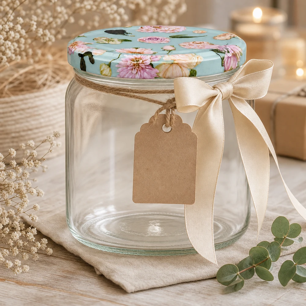 Vaso rotondo da 425 ml + coperchio BasicSeal flower mint UNiTWIST Barattolo rotondo da 425 ml con coperchio BasicSeal fiore di menta in regalo - barattolo vuoto con fiocco ed etichetta regalo