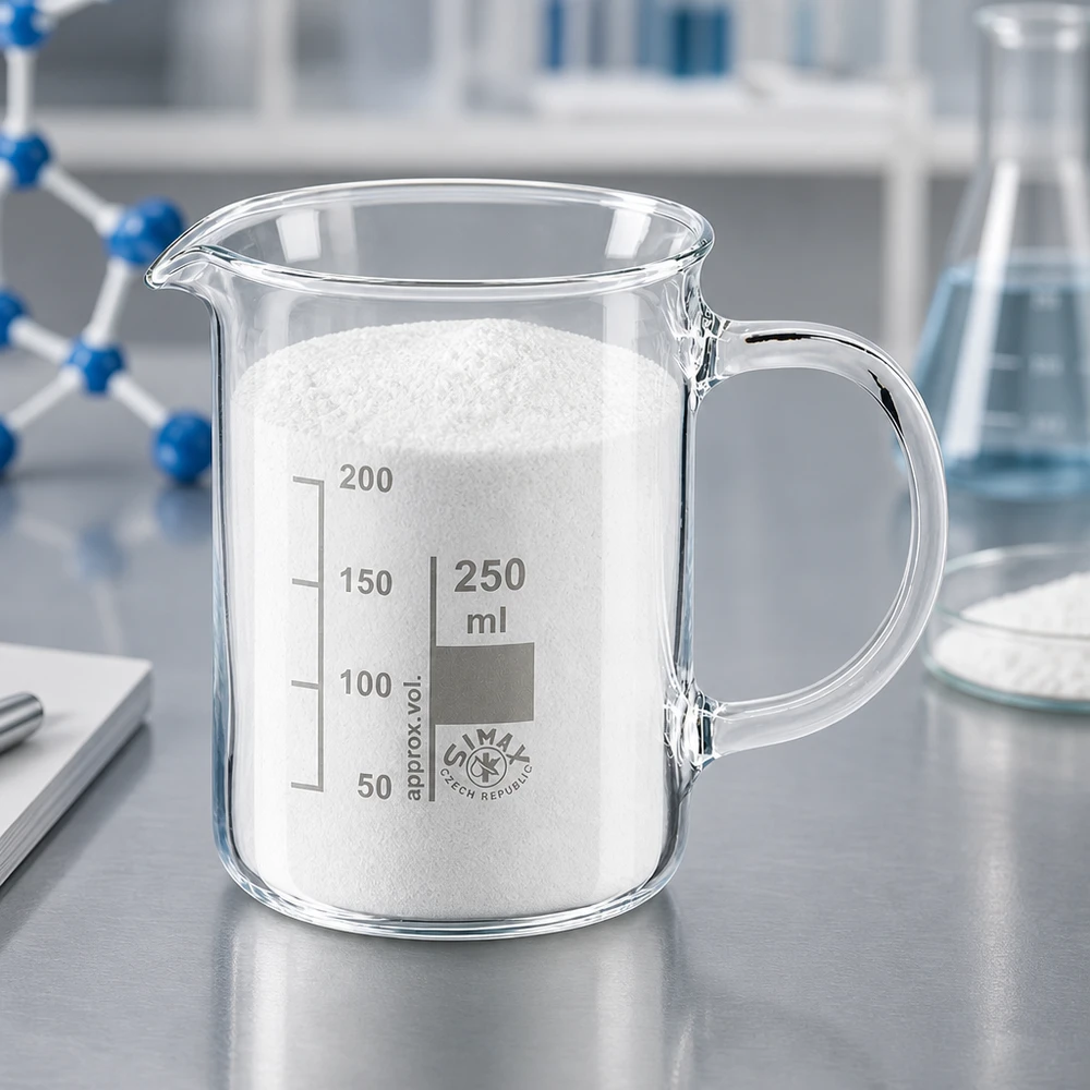 Bicchiere da 250 ml in vetro borosilicato, con manico Becher da 250 ml in vetro borosilicato con manico, riempito di polvere bianca in laboratorio
