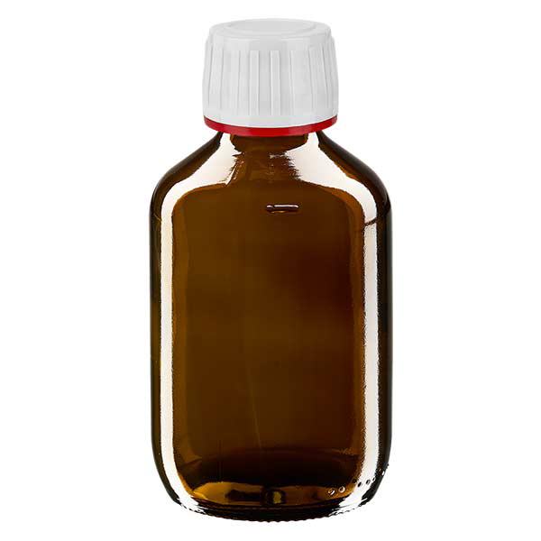 Flacone per medicinali da 200 ml marrone, chiusura antimanomissione bianca Flacone per medicinali da 200 ml marrone, chiusura antimanomissione bianca
