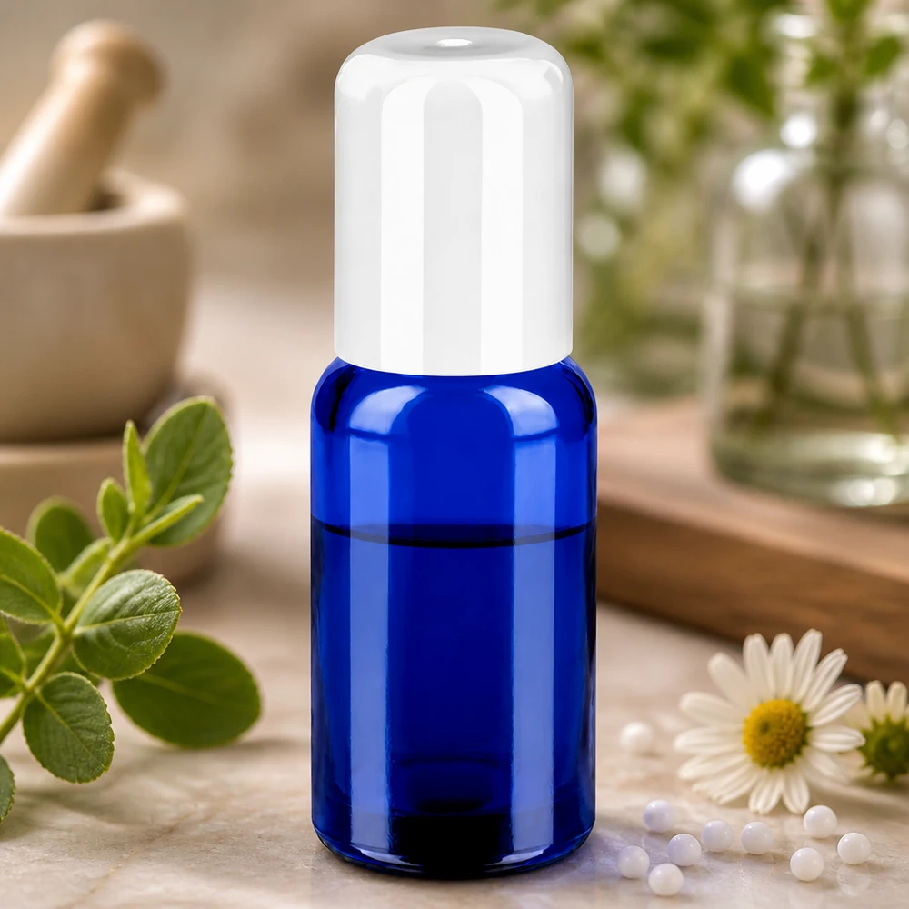 20ml Roll-On Flasche weiß Standardverschluss BlueLine UT18/20 20ml Roll-On Flasche aus blauem Glas mit weissem Verschluss für portionierte Anwendung